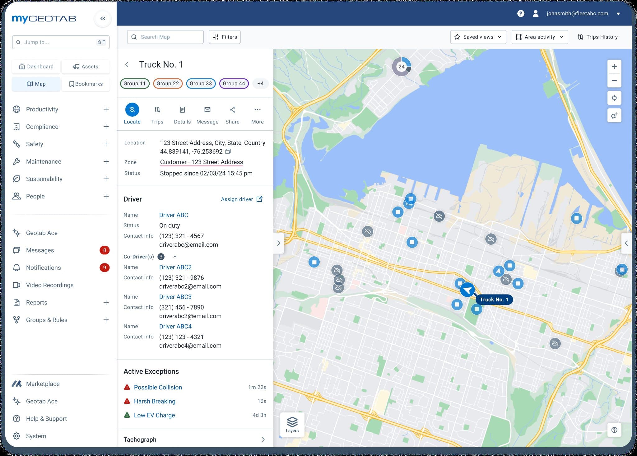MyGeotab map showing live vehicle and asset locations
